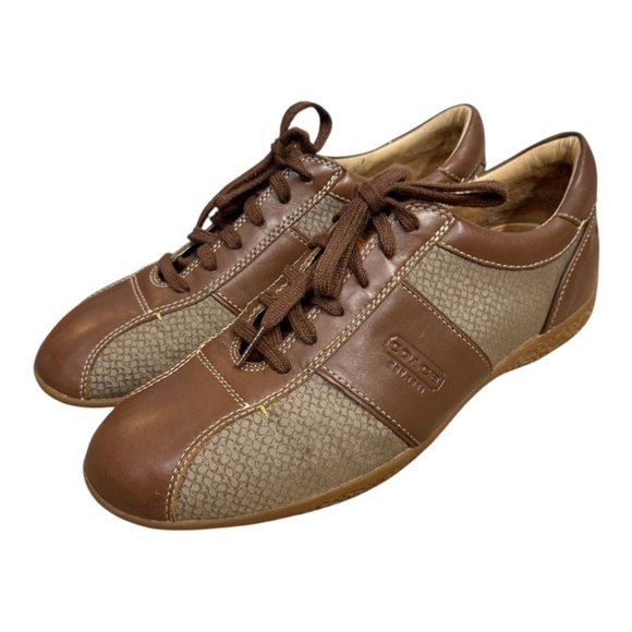 COACH Meyer Signature Men’s Jacquard Leather Shoes Size 9 Brown Lace Up - Picture 1 of 10